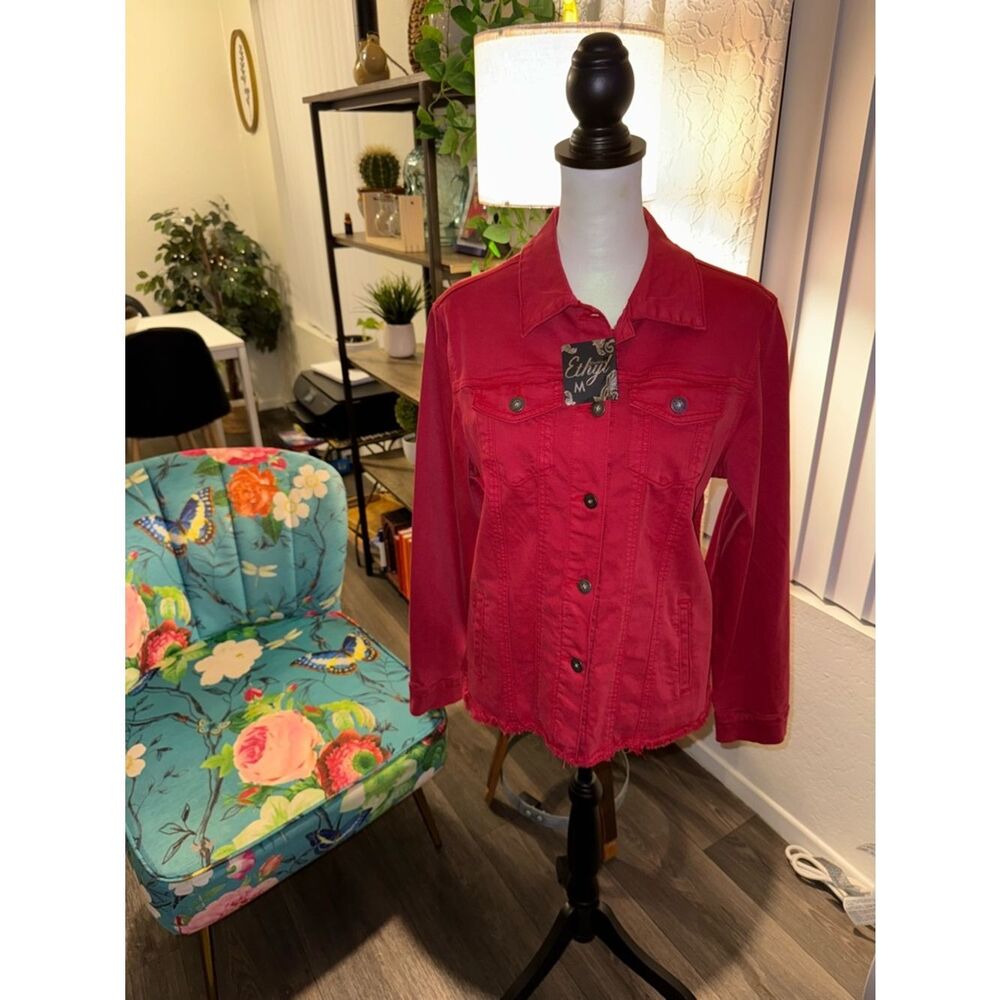 Red Button-Up Denim Jacket - Picture 3 of 13